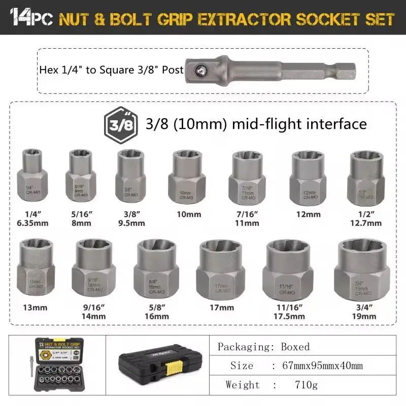 14pcs 3/8inch Socket Set Damaged Impact Socket Tool Set Socket Set Nut And Bolt Extractor Impact Bolt & Nut Remover herramientas