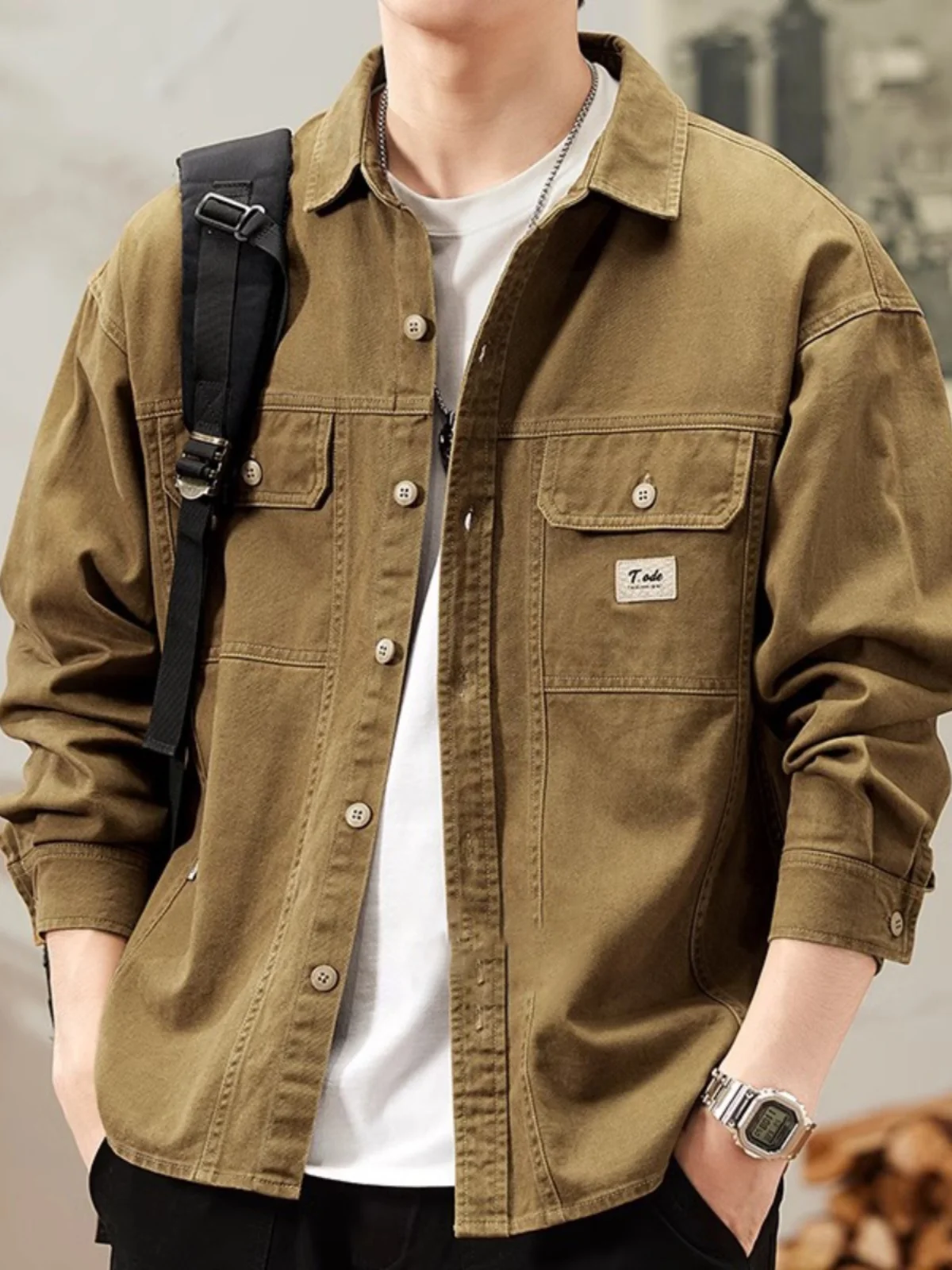 

Мужская джинсовая куртка в винтажном стиле American Sle, свободного кроя, однотонная, для весны и осени, с длинным рукавом и воротником-стойкой