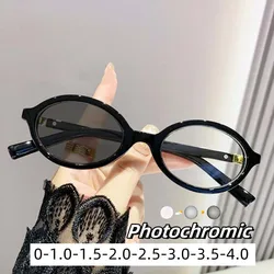 Women Small Round Frame Anti Blue Light Myopia Glasses Ultra Color Changing Near Sight Eyewear High Defintion Sunglasses To -4.0
