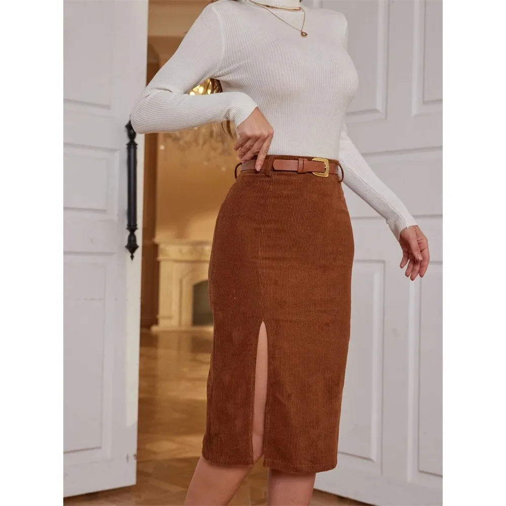 المرأة الكورية سبليت مثير تنورة طويلة 2025 الشتاء سروال قصير سليم سميكة الشارع الشهير موضة خمر الخريف Bodycon تنورة خمر