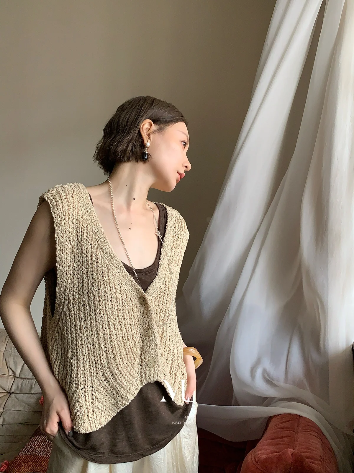 

Вязаный крючком кардиган-жилет Molin с комбинированным плетением, свободный крой, модный, с V-образным вырезом и пуговицами