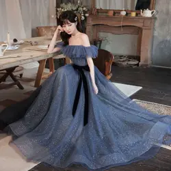 Off Shoulder Evening Dresses Women's Elegant Ruffle Shiny Sequins Lace Up Bow Floor-length A-line Wedding Party Bridesmaid Gown