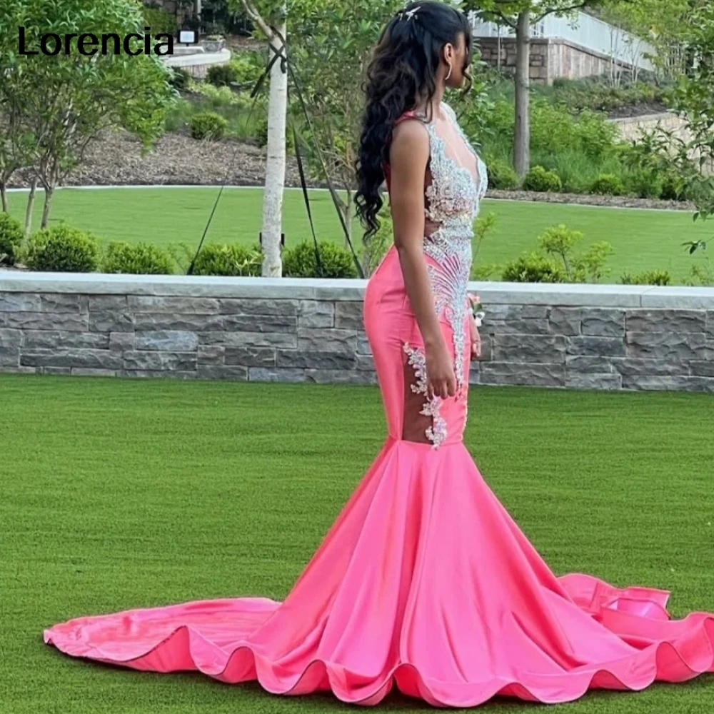 Lorencia-vestido De graduación De sirena rosa brillante para niñas negras, vestido De Gala De fiesta con cuentas De diamantes De imitación plateadas 2024, YPD116