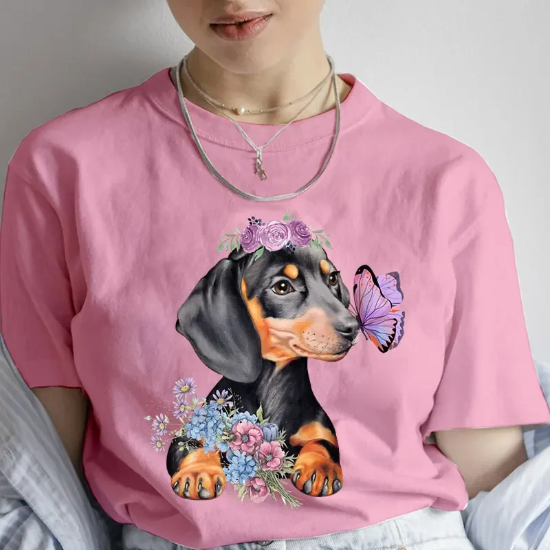 Fashion Cartoon Dachshund Clothes Graphic Dog Lover Print T Shirt for Women Casual Crew Neck Short Sleeve Plus Size Tshirt Women