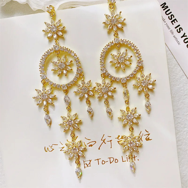 925 Luxurious Zircon Taseel Flowers Dangle Earrings for Women Fashion Geometry Round Long Drop Earring Female Party Fine Jewelry