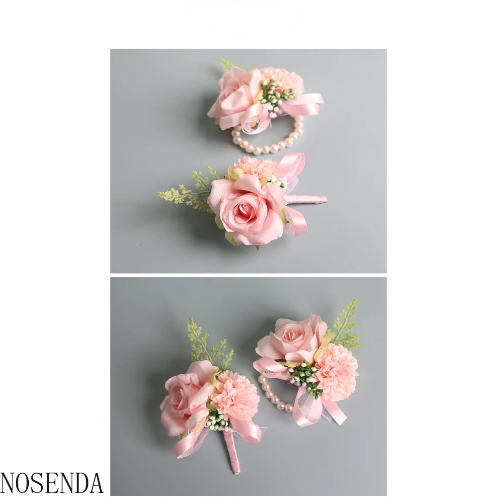 Pearl Wrist Corsage for Bridesmaid Pink Corsage Boutonniere Marriage Accessories for Groom Wedding Decoration