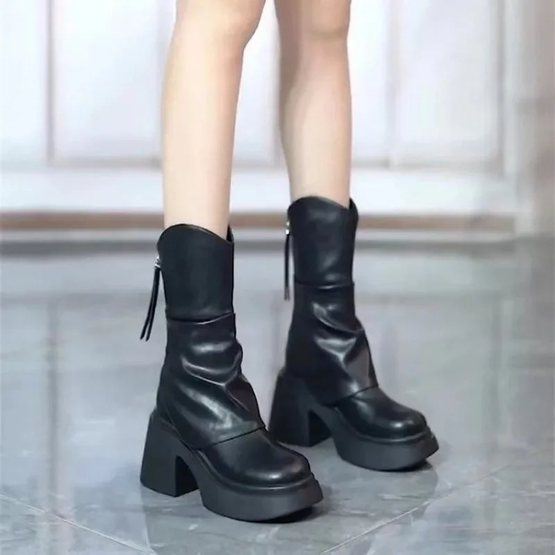 2024 Autumn Winter Women Shoes Leather Short Boots for Women Round Toe Chunky Heel Boots Zipper Ankle Boots Female Platform Heel