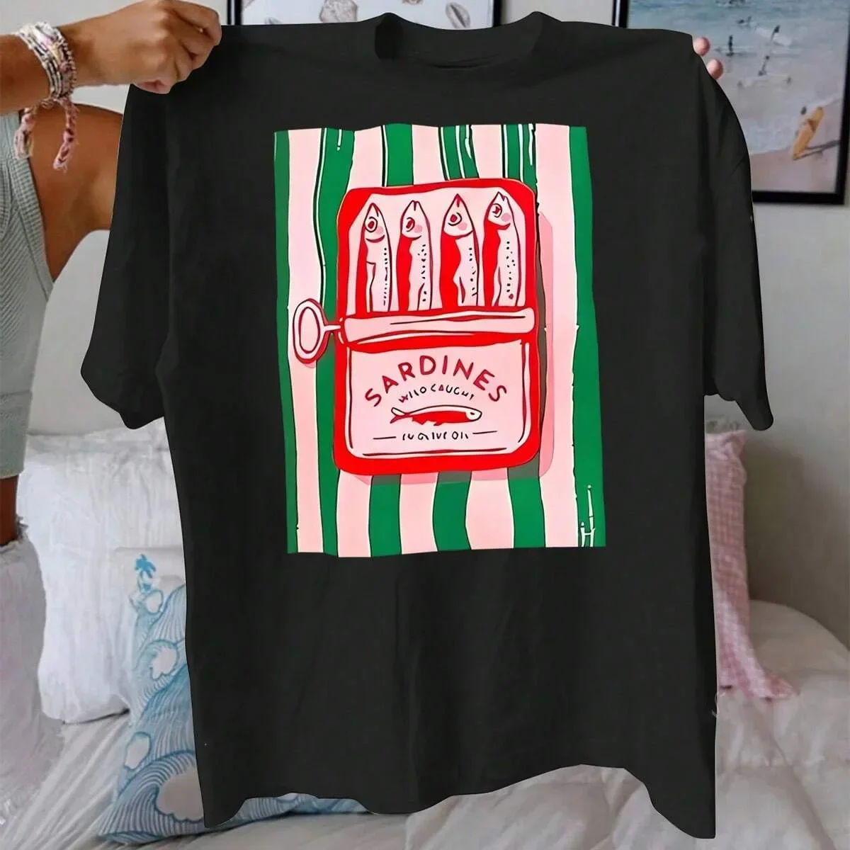 Sommer Damen T-Shirt mit Sardinen-Print, Baumwoll-T-Shirt, Rundhals, atmungsaktives Material, Kurzarm, lässiges Mode-Top für Damen – Detail 3