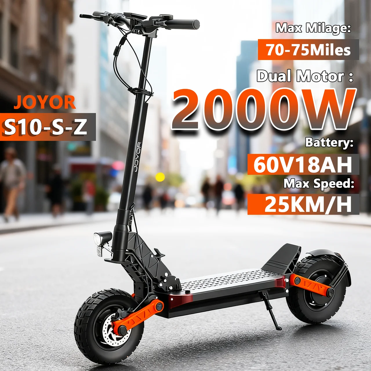 

JOYOR S10-S-Z 2000W Dual Motor 60V18AH Battery Foldable E-Scooter 10 Inch Off-Road Air Tire E-Mountain or City Electric Scooter