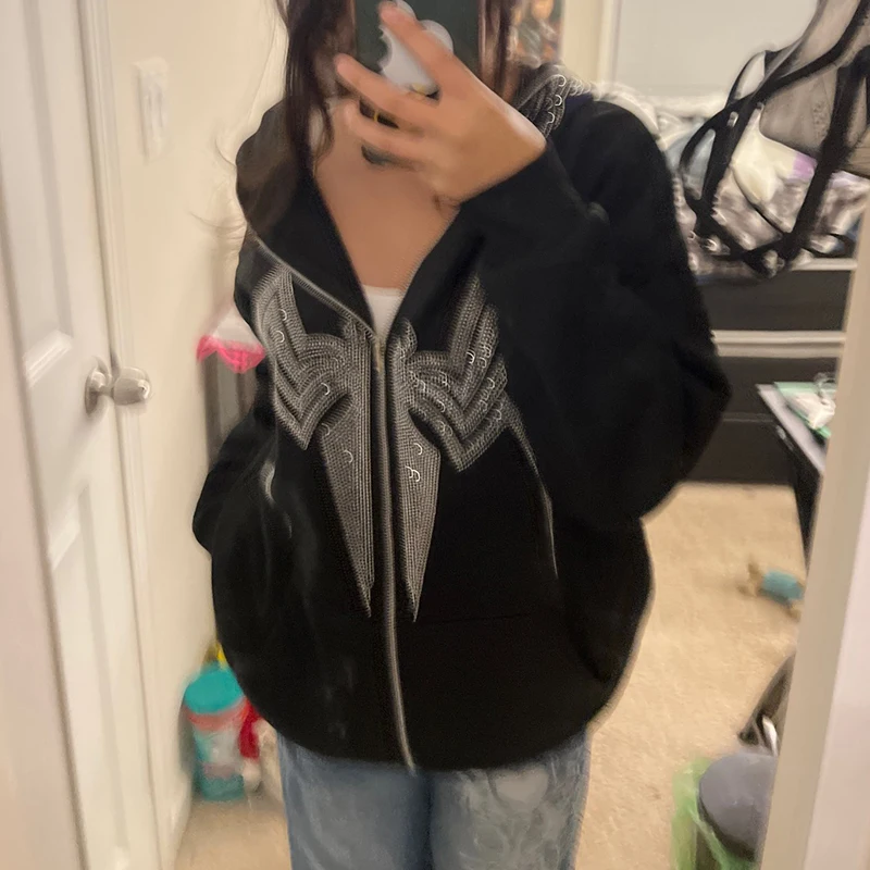 

2024 American Winter Women Hoodie Vintage Rhinestone Spider Loose Long Sleeve Jacket Coat Oversized Full Zipper Black Sweatshirt