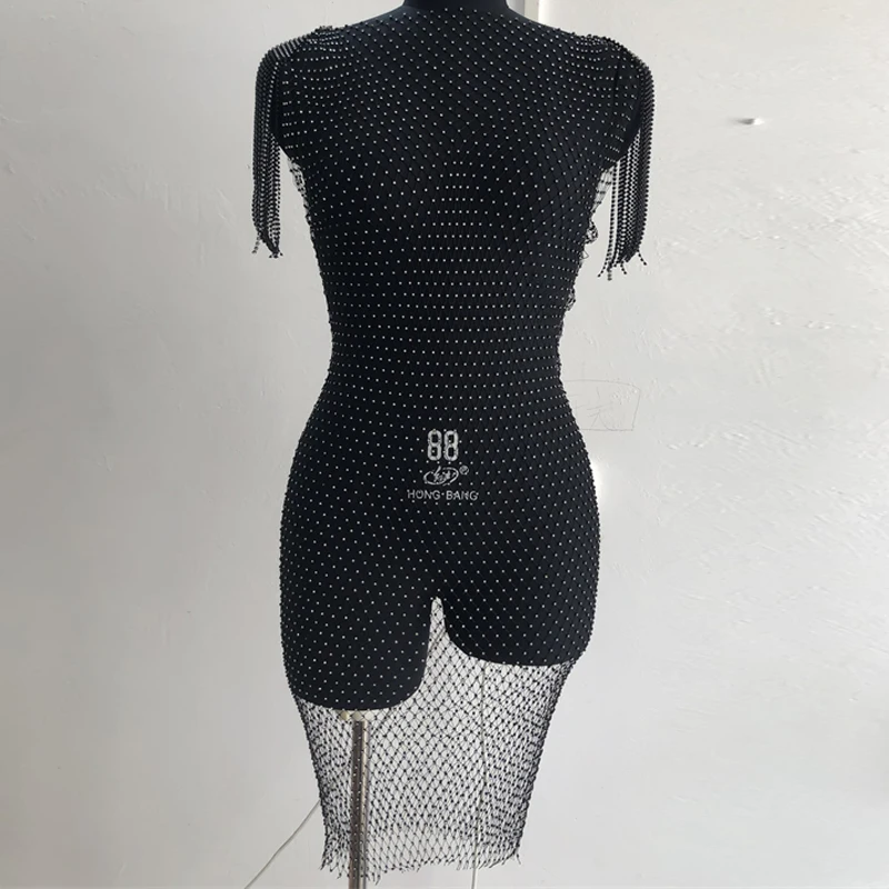 Strass-Fransen Netz-Überwurfkleid Transparentes Fischnetz-Quasten-Minikleid für Damen Clubwear Strand-Bikini-Überwurf Schwarz Weiß – Detail 9