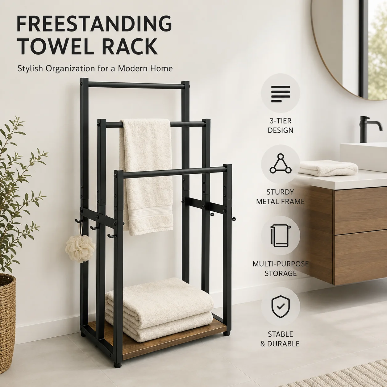 

Freestanding Towel Rack,3 Tier Metal Standing Towel Rack with Wooden Shelf,Blanket Holder, Bath Towel Drying Rack for Bathroom