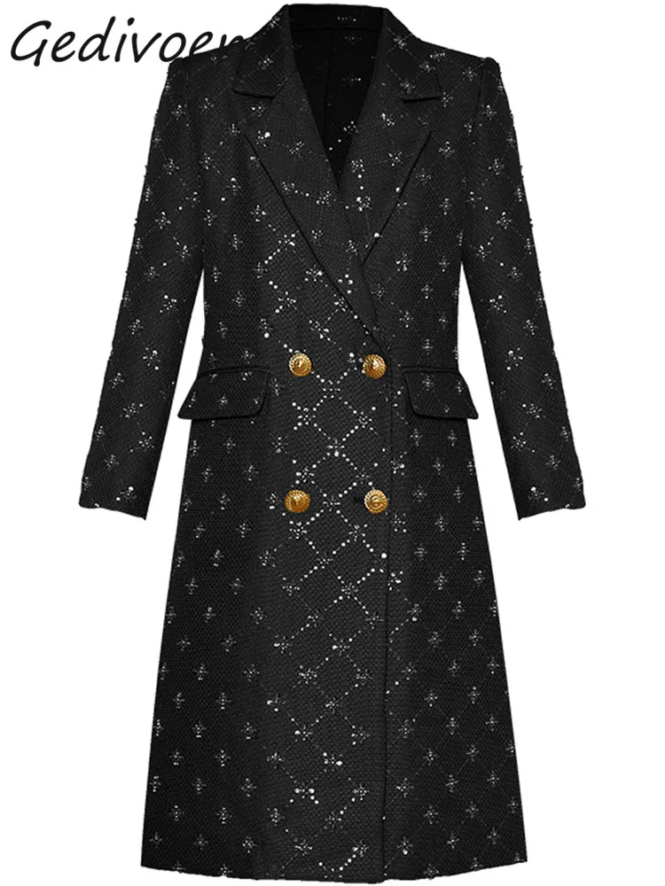 Gedivoen-Manteau en mélange noir pour femme, bouton à revers, paillettes perlées, taille haute, mince, long, mélanges, créateur de mode, luxe, hiver