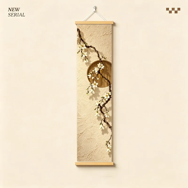 Wall Decor Jade Vine and Variegated Star Jasmine, Calm Wabi-Sabi Silver Shimmer Canvas Hanging Scroll for Meditation Room