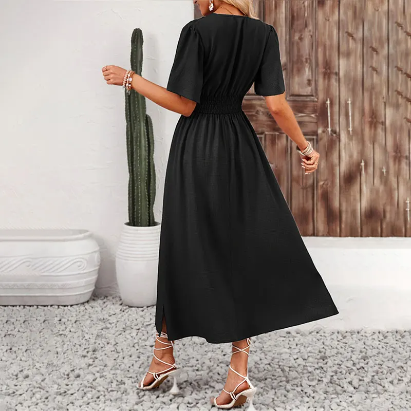 Women Ruffle Solid Pleated Long Dress Chic V Neck Short Sleeved  Black Blue Lace Up Robes Summer Lady High Street Wear Holiday