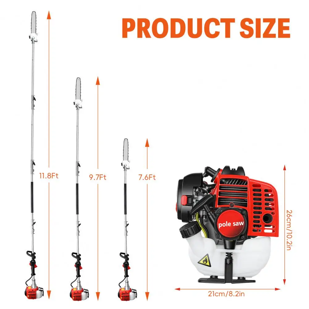 Gas Powered Pole Saw, 26CC Extendable Reach to 9.8FT, 2 Cycle Powerful Gas Pole Saw for Outdoor Tree Trimming