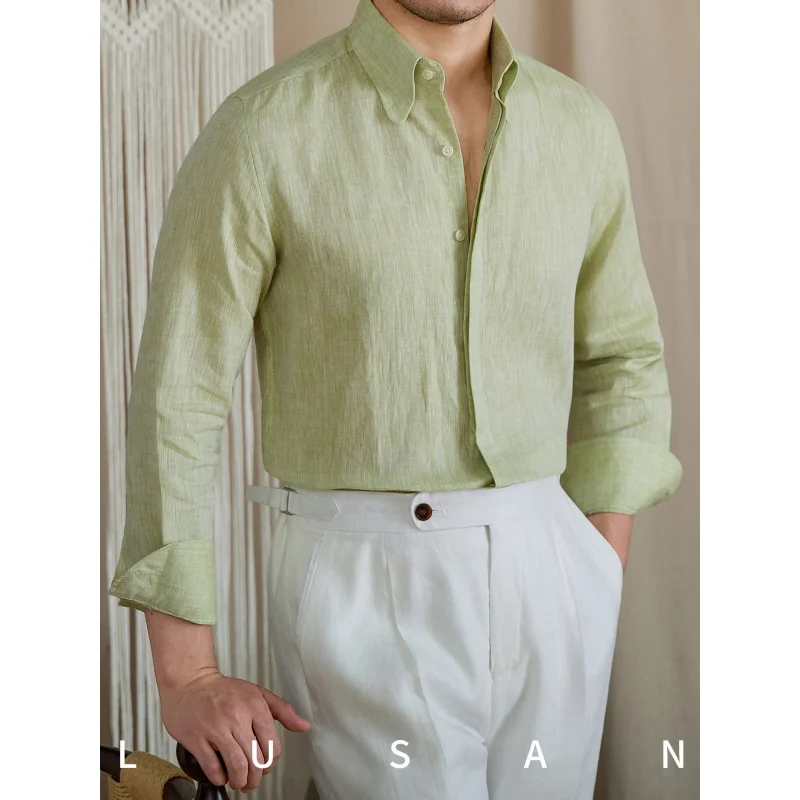 

Summer casual commuting and vacation lightweight breathable linen long-sleeve shirt with elegant rounded collar for men