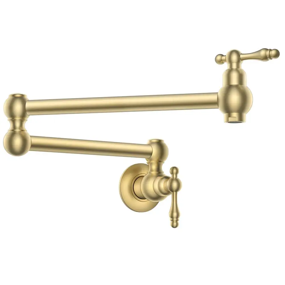 Gold Wall Mount Pot Filler Faucet Double Joint Swing Arm Kitchen Sink Brass Valve 23 Inch Reach 1.8 GPM Water Saving Easy