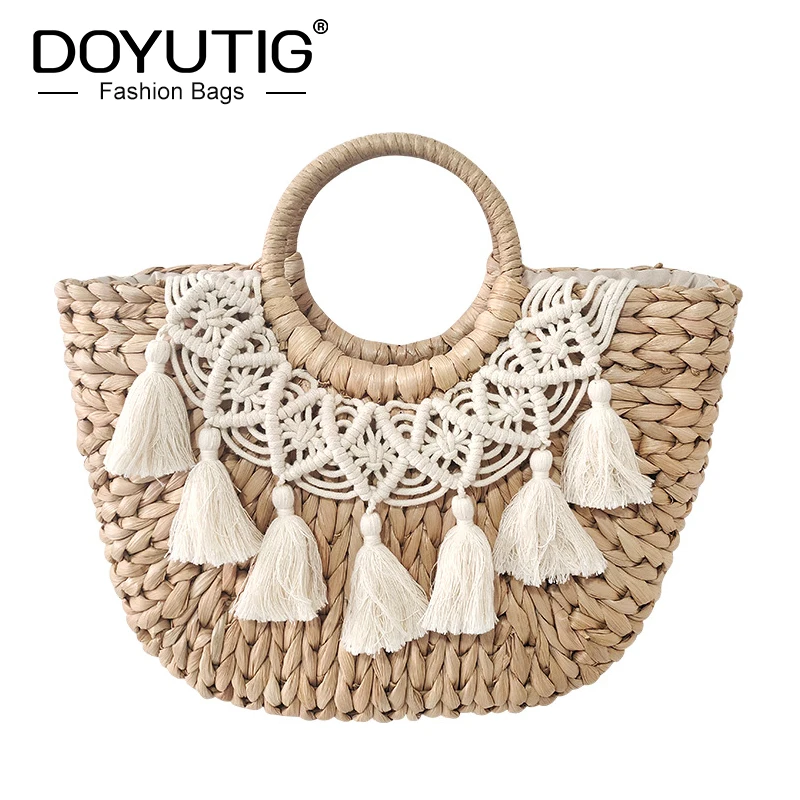 DOYUTIG Spring New Corn Peel Straw Handbag Pastoral Style Women Cabbage Basket Bag Lady Tassels Straw Bag Girl Handmade Bag M002