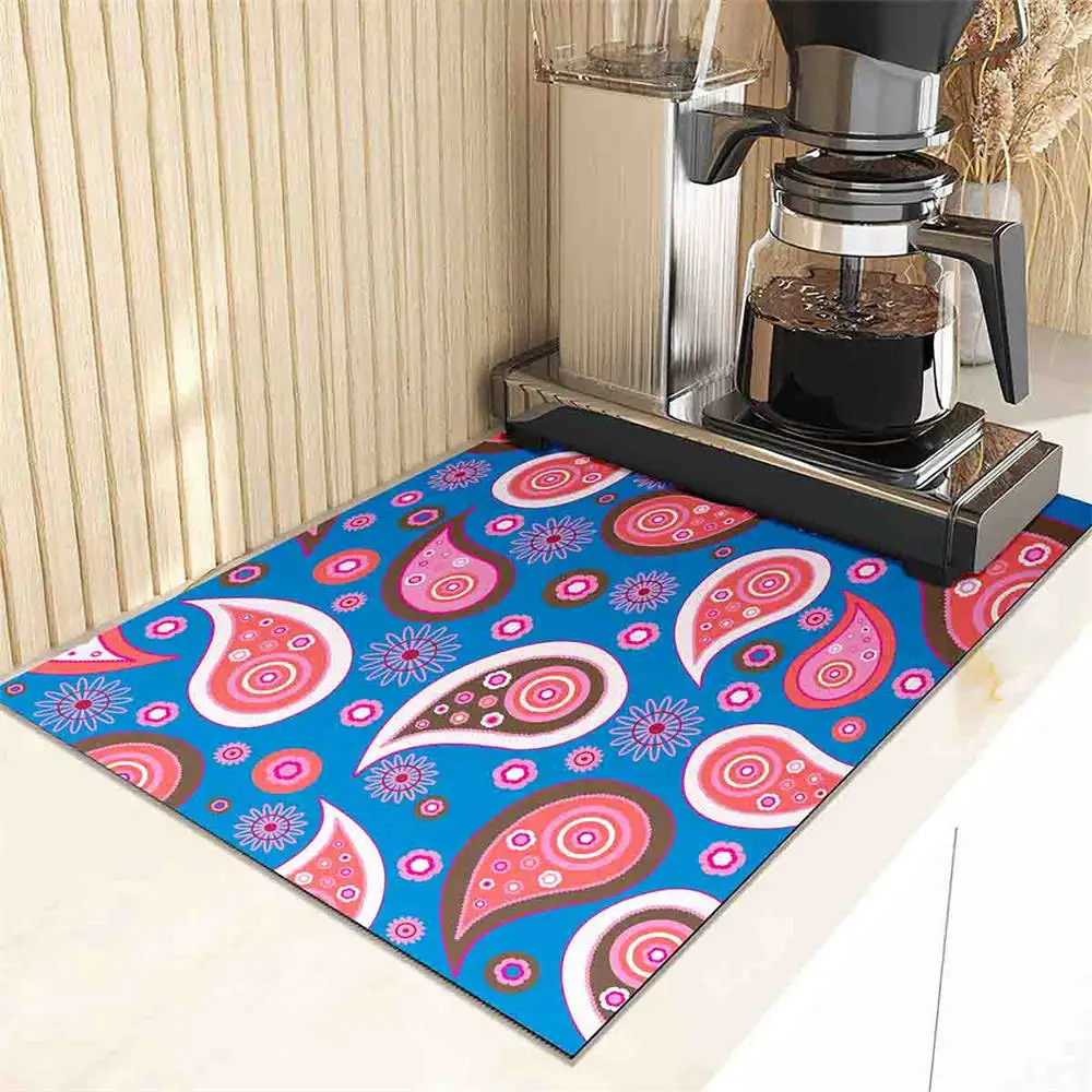 Paisley Flower Print Coffee Machine Drain Mat Cottage Kitchen Countertop Absorbent Mat Dry Non-slip Bar Table Washable Drain Pad