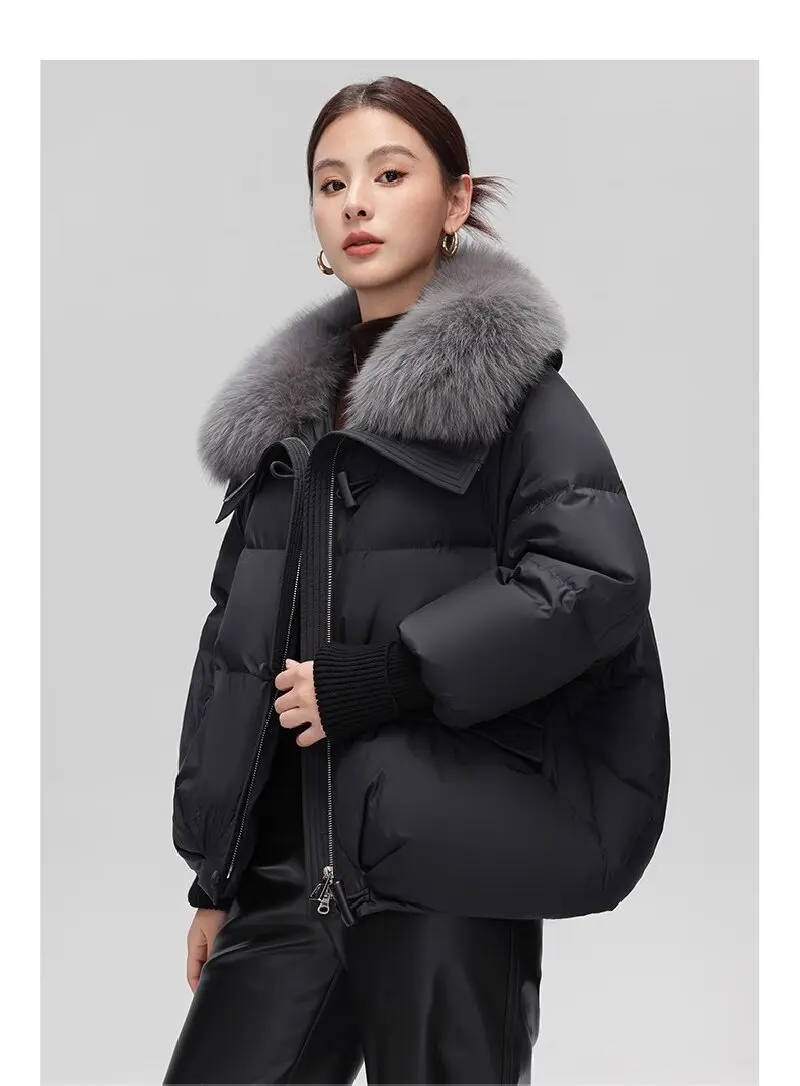 

2025 Winter Women's New down Cotton Jacket Fashion Korean Loose Cotton Jacket Thickened Short Large Fur Lapel Thickened Jacket