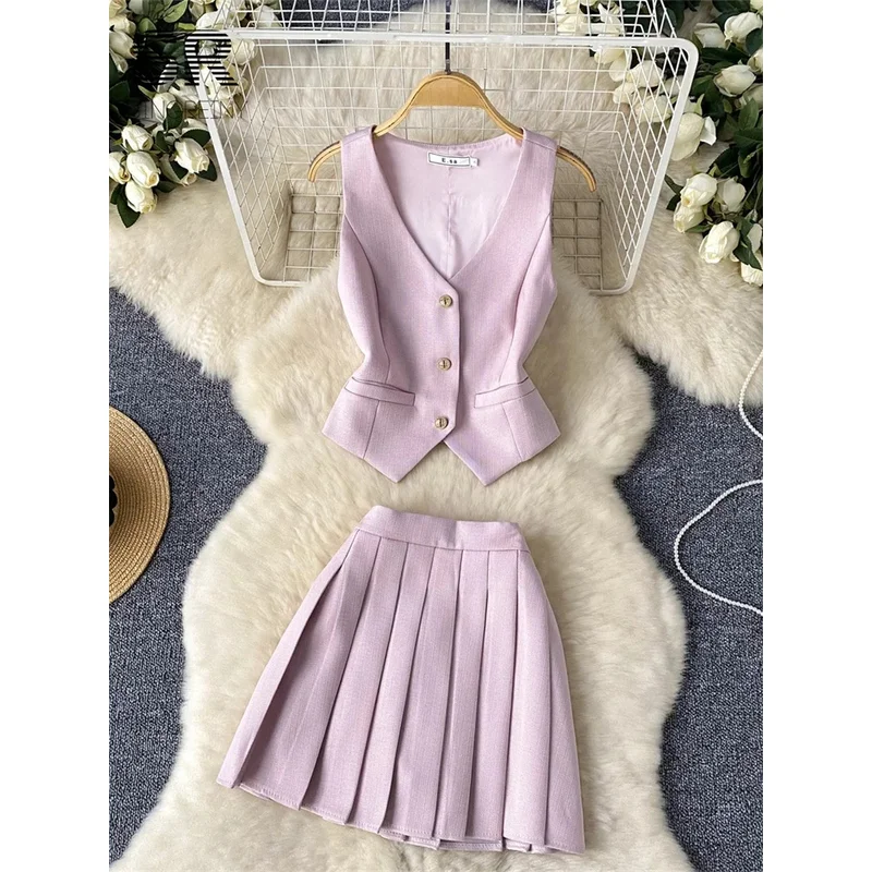 

French 2pcs Suit Women Summer Single Breasted Basic Camisole+Zipper Design Pleated Skirt Ladies Fashion Two Pieces Set