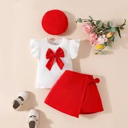 2025 Summer Baby Girls Clothes Set 0-3 Y Big Bow Flying Sleeve Top Skirt Beret  3Pcs Children's Outfit Toddler Short Sleeve Suit