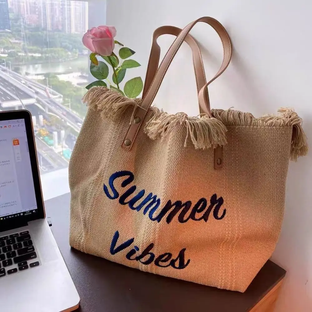 New Fashion Tassel Tote Bag Woven Canvas Bag Embroidered Alphabet Handbag Women\'s Large Capacity Shoulder Bag