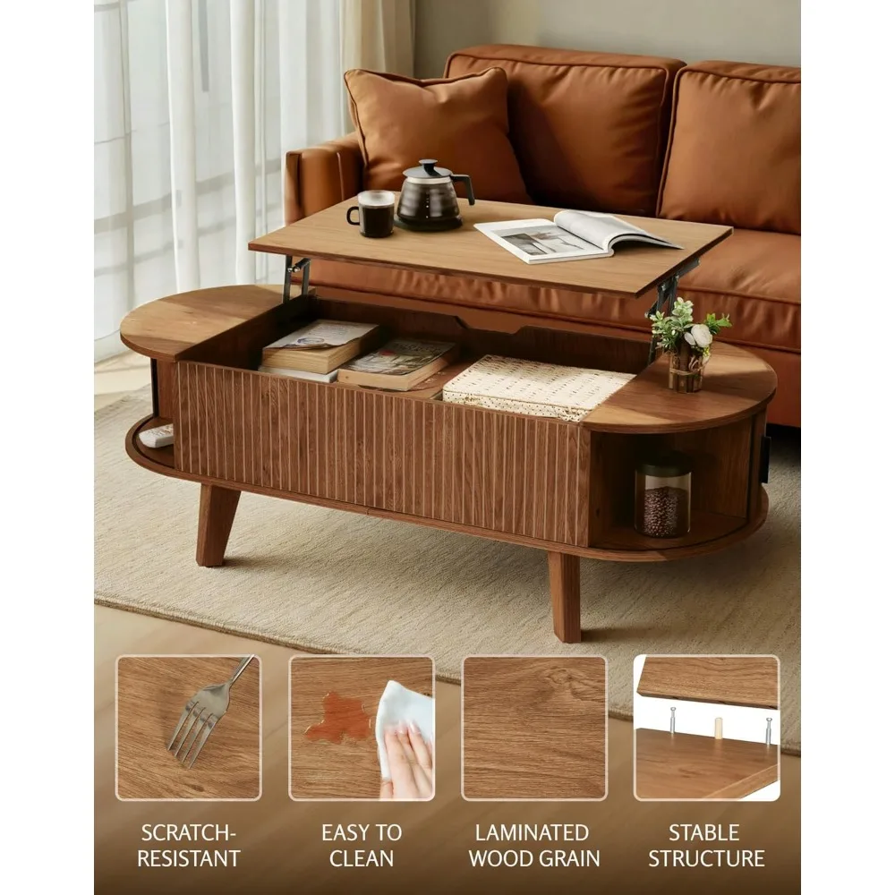 Mesa de Café Oval com Tampa Elevatória e Armazenamento, Mesa Central Moderna de Meio Século de 47,2 polegadas para Sala de Estar com 180 °   Deslizante, Personalizado
