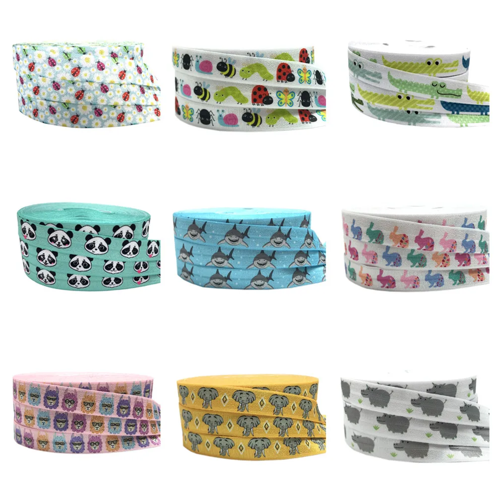 10Y 15mm Rabbit Crocodile Elephant Print Animal Fold Over Elastic Ribbon For Sewing Hair Tie Strap Backpack Decoration Accessory