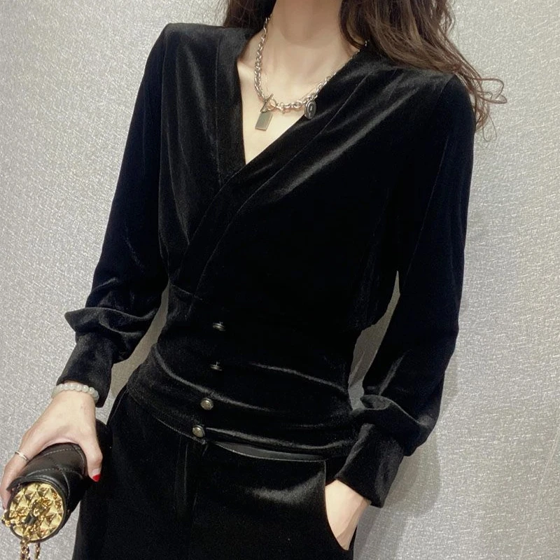 Women Clothing Vintage V Neck Simplicity Pullovers Top Spring Autumn New Long Sleeve Solid Elegant T Shirts Fashion Office Trend