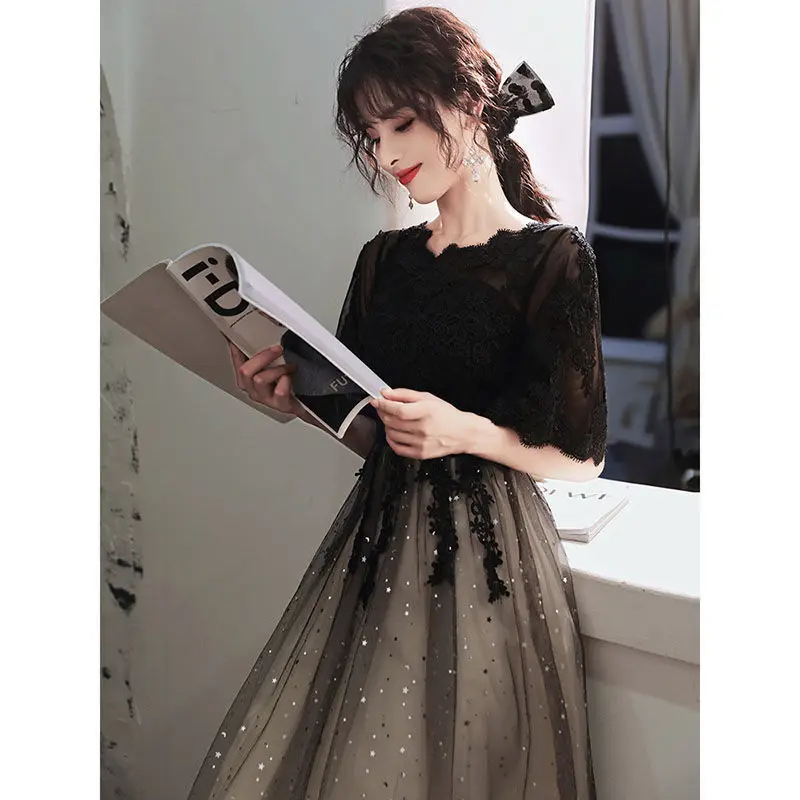 

Plus size little evening dress skirt for women temperament banquet fatmmcover belly Black slimming daily style mid-length