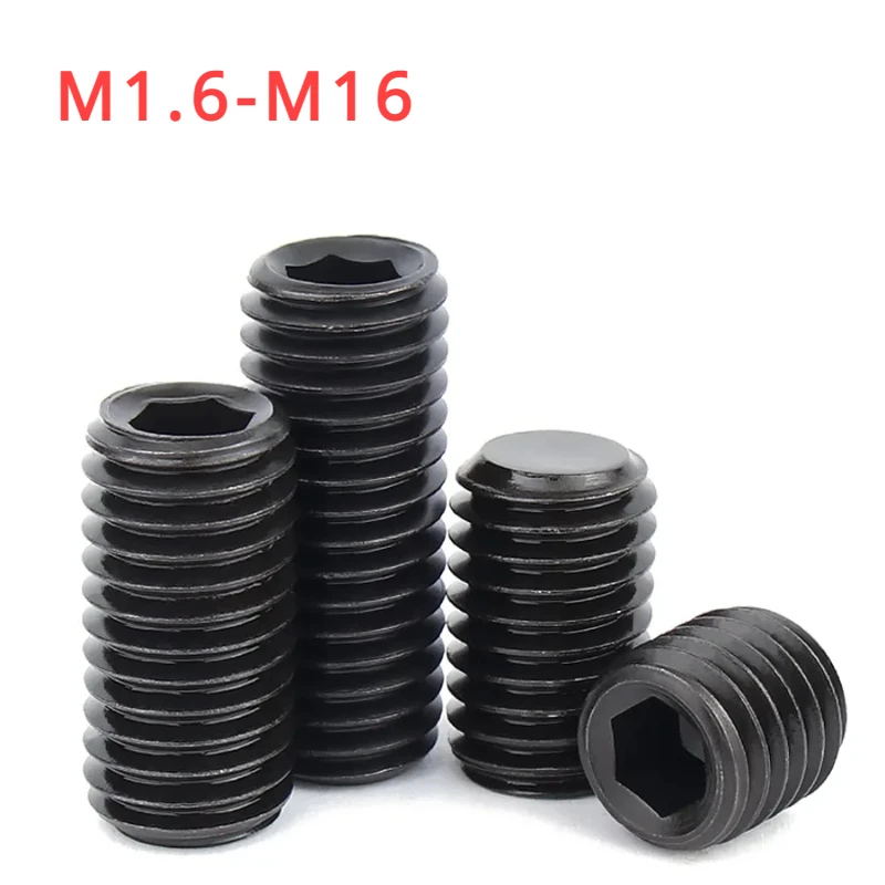 Black 12.9 Grade High Strength Hexagon Socket Set Screws With Flat Point Headless Bolts M1.6 M2 M2.5 M3 M4 M5 M6 M8 M10M12M14M16