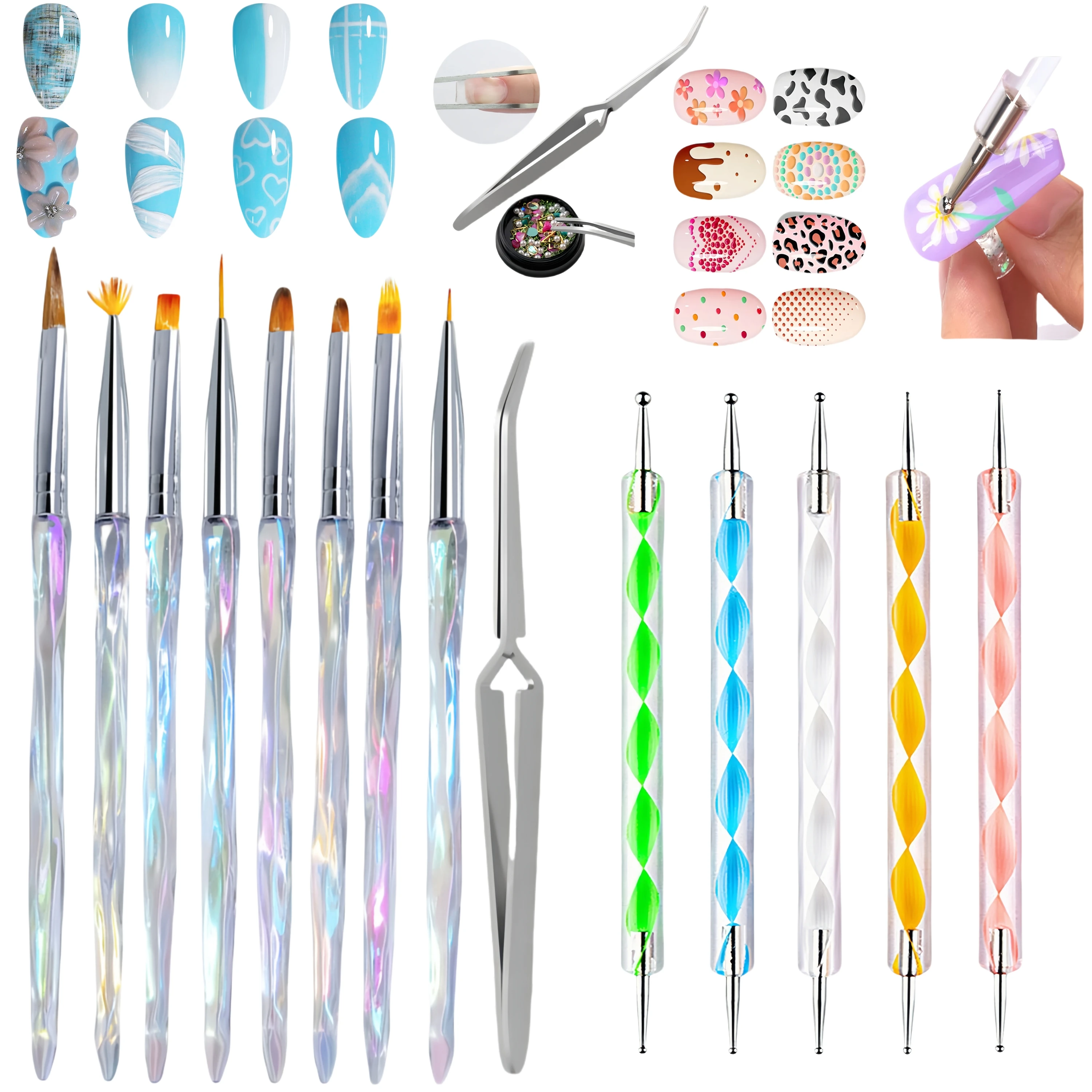 مجموعة فرش فنية احترافية للأظافر، فرشاة مبطنة من الأكريليك والجل، أداة طلاء لتنقيط الأظافر، ملقط لصالونات الأظافر المنزلية