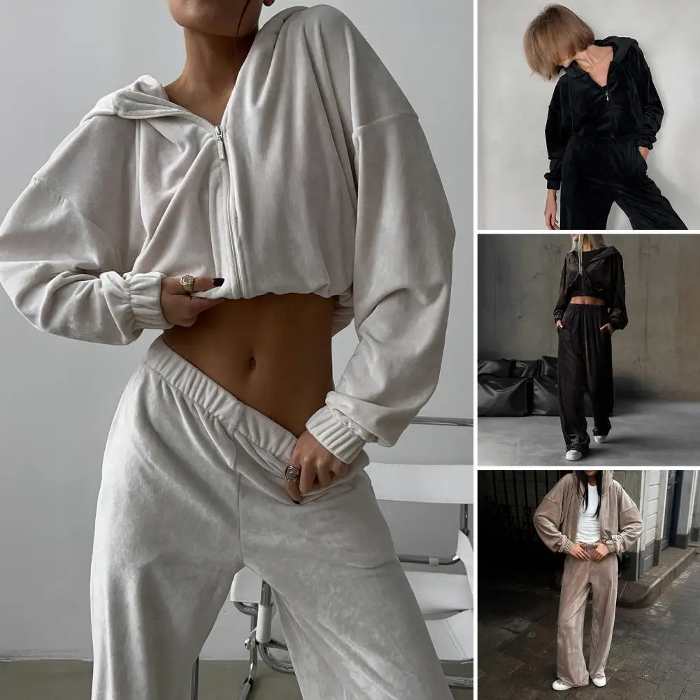 

Женский стильный велюровый спортивный костюм из полиэстера, толстовка с капюшоном, широкие брюки, спортивный повседневный наряд для женщин