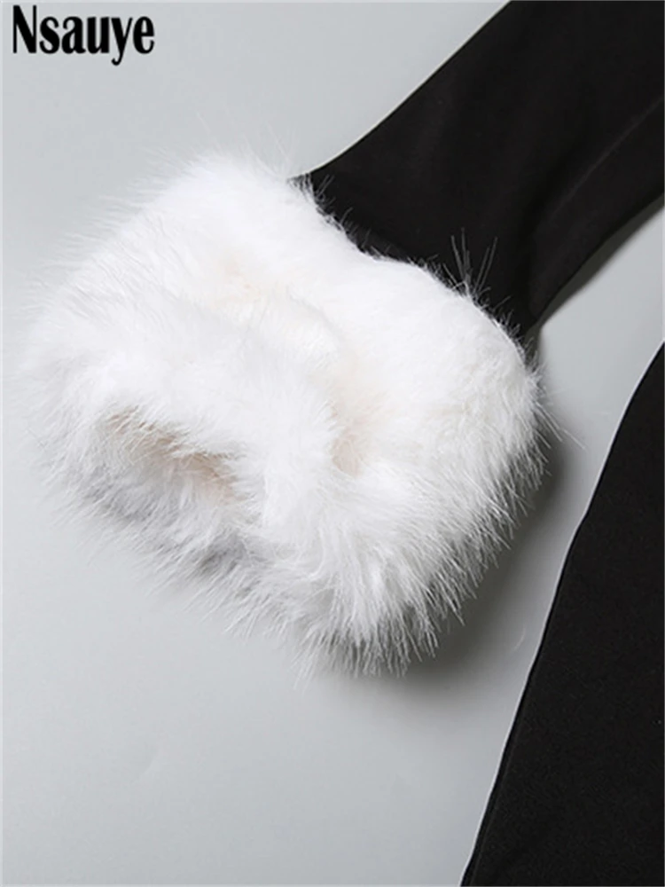Nsauye فستان نسائي مثير من الفرو الصناعي بأكمام طويلة أسود للنوادي الليلية والحفلات المسائية فستان شتوي أنيق ضيق 2025