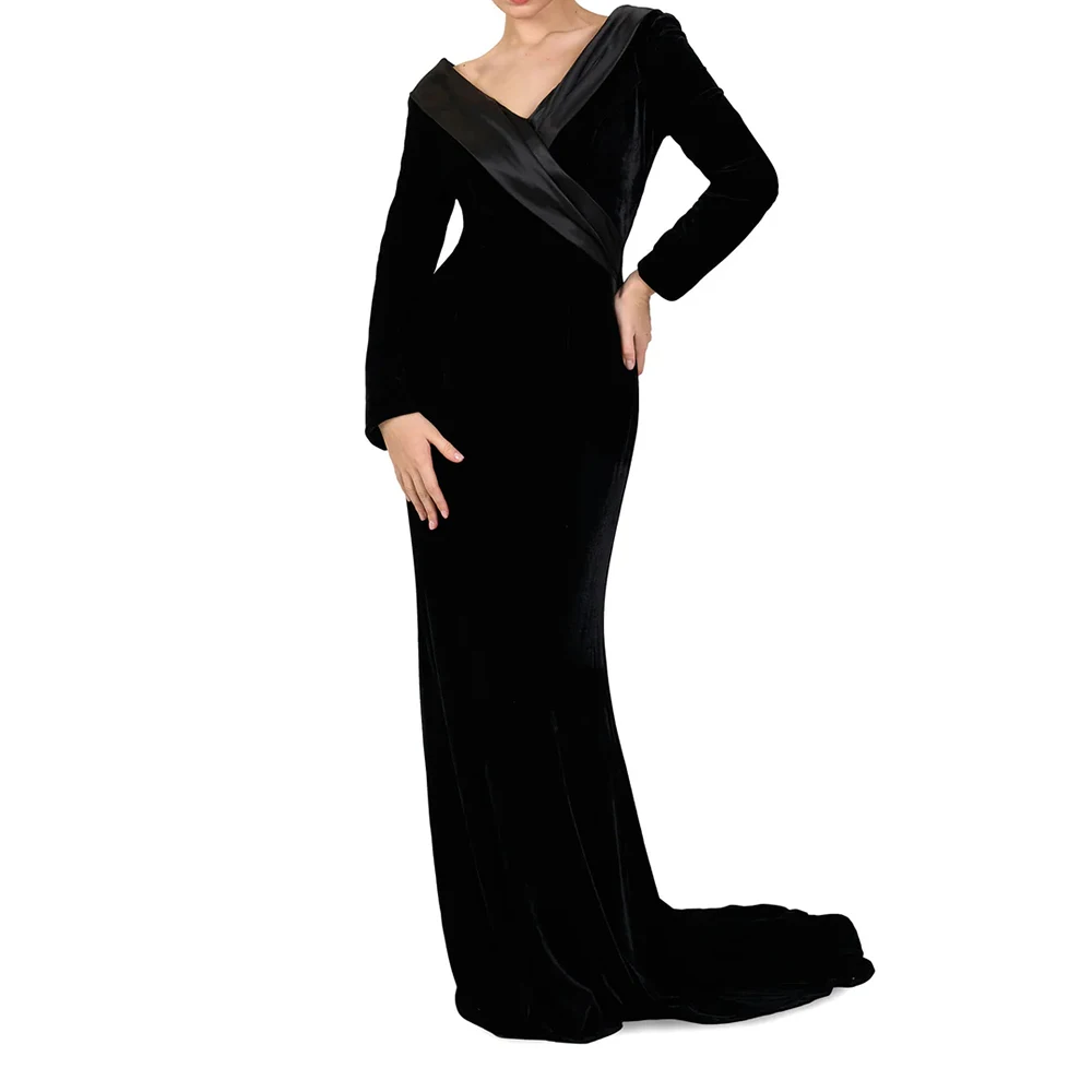 

Women's Mermaid Evening Dresses Floor-length V-neck Full Sleeve Prom Gown Fashion Pleat Simple Draped Backless Customized Gowns