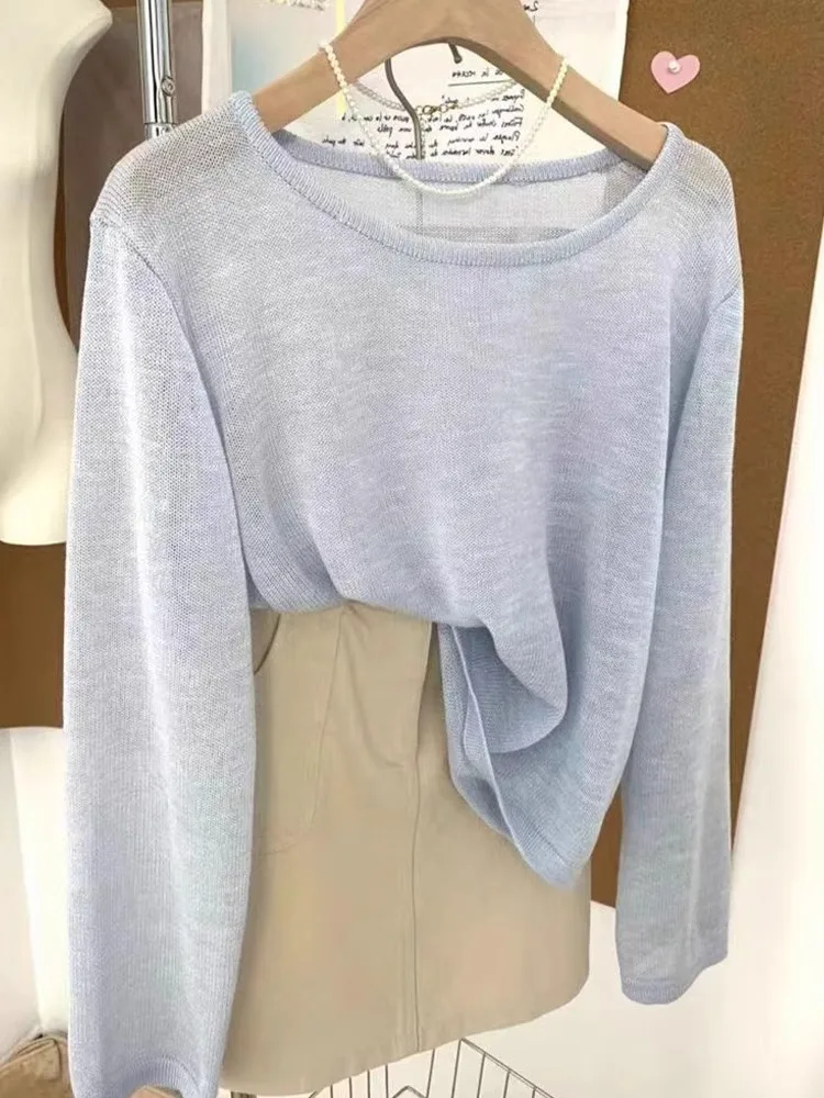 

Faionable Pure Color Ice Silk Knitted Loose Long Sve round Ne Top Sun Protection Thin Breathable Women's Korean Sle ...