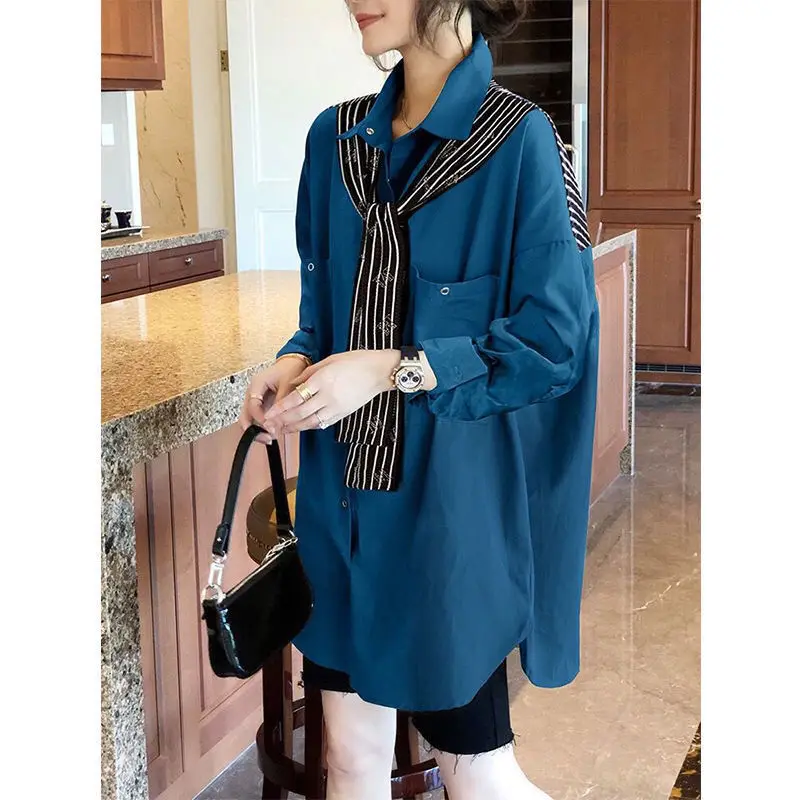 Striped Spliced Solid Color Fashion Blouse New Women\'s Clothing Vintage Loose Midi Button Long Sleeve Casual Shirt for Female