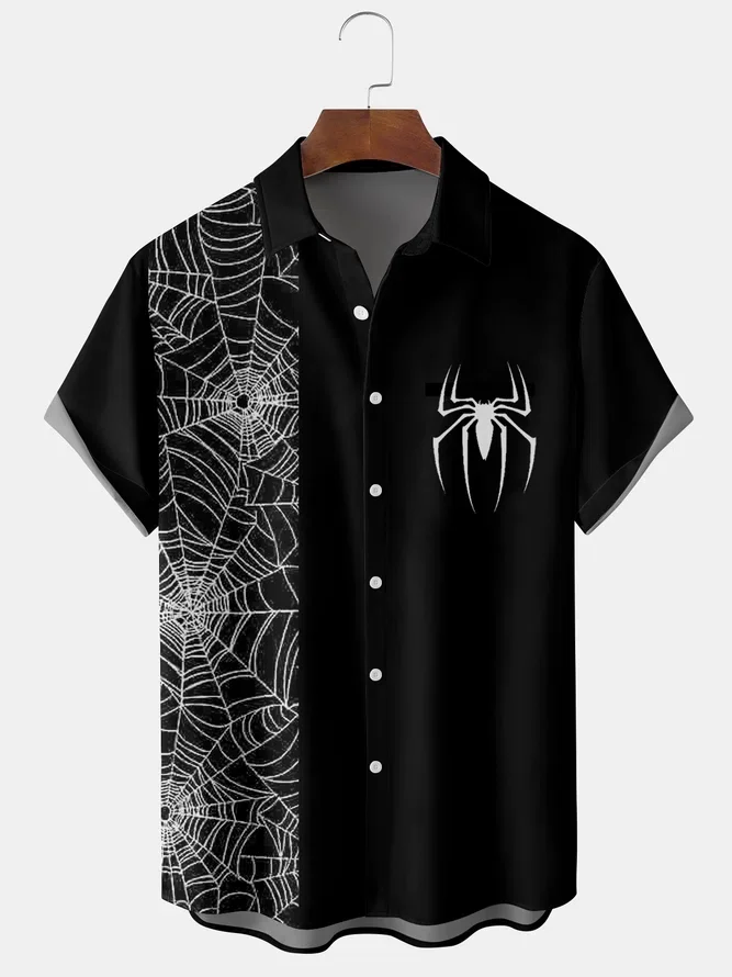 

New Hawaiian Men Halloween Spider Print Shirts Spider Web Design Summer Casual Soft Breathable Shirts