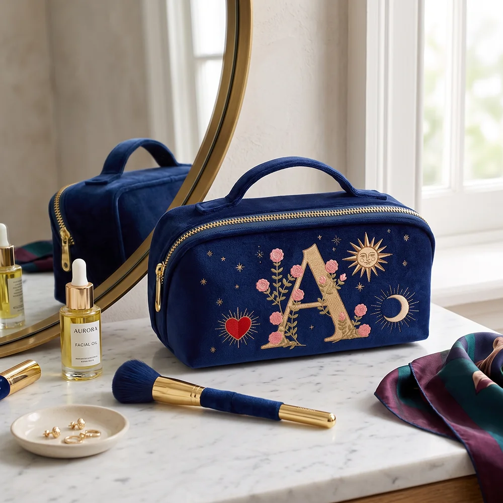 Imitations-Stickerei-Stil, Kosmetiktasche, marineblauer Samtbeutel, Vintage-Design, Samt-Kosmetiktasche, Geburtstagsgeschenk für Frauen. – Detail 3