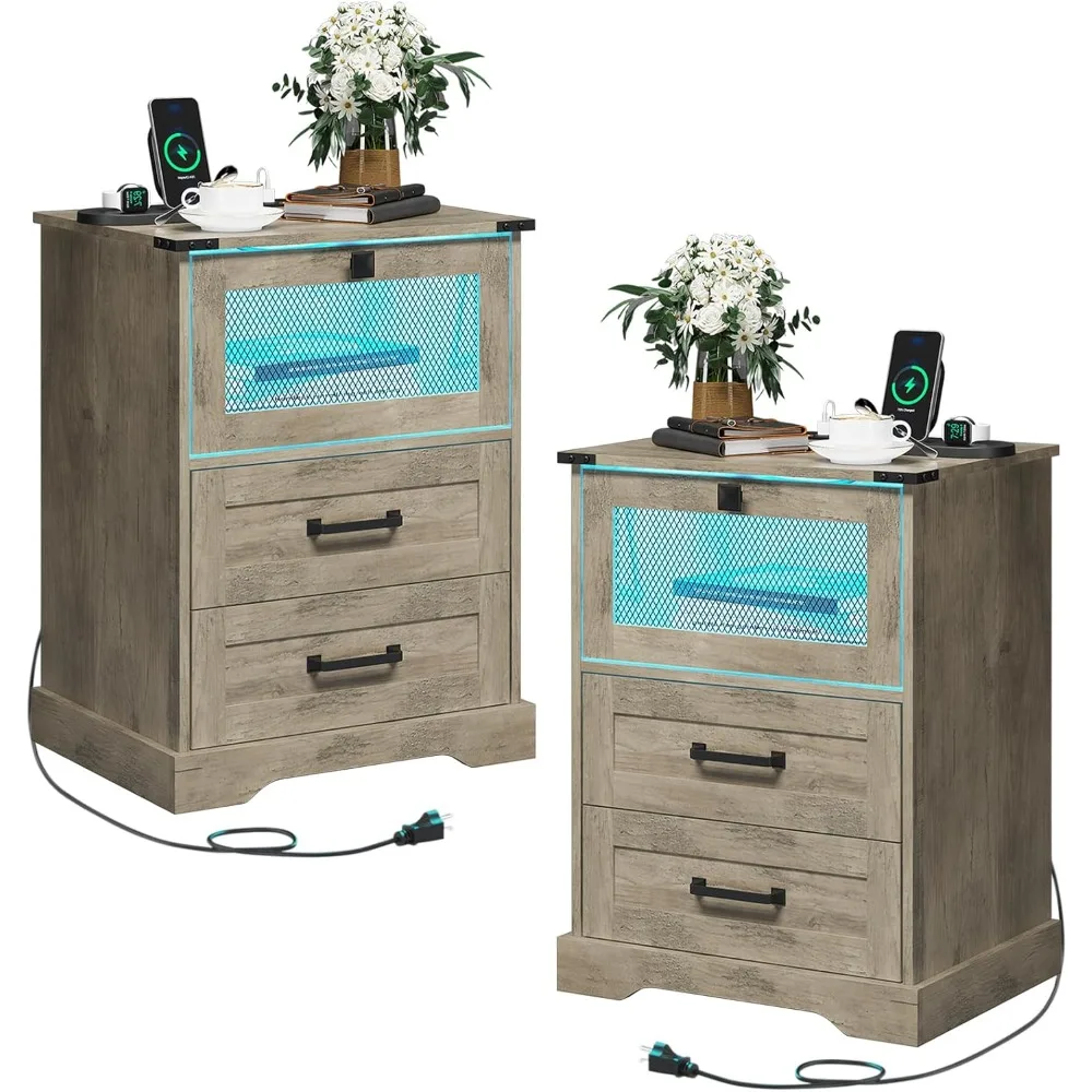 Farmhouse Night Stand Set of 2 with LED Lights and Charging Station, Rustic Oak Nightstand with 2 Drawers, and Cubby with Wire