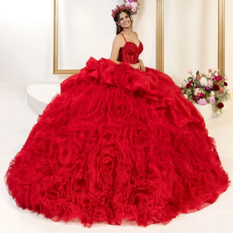 

Red Shiny Quinceanera Dresses Off The Shoulder Sequin Beading Crystal Corset Tiered Tull Party Birthday Sweet 16 Dress Vestidos