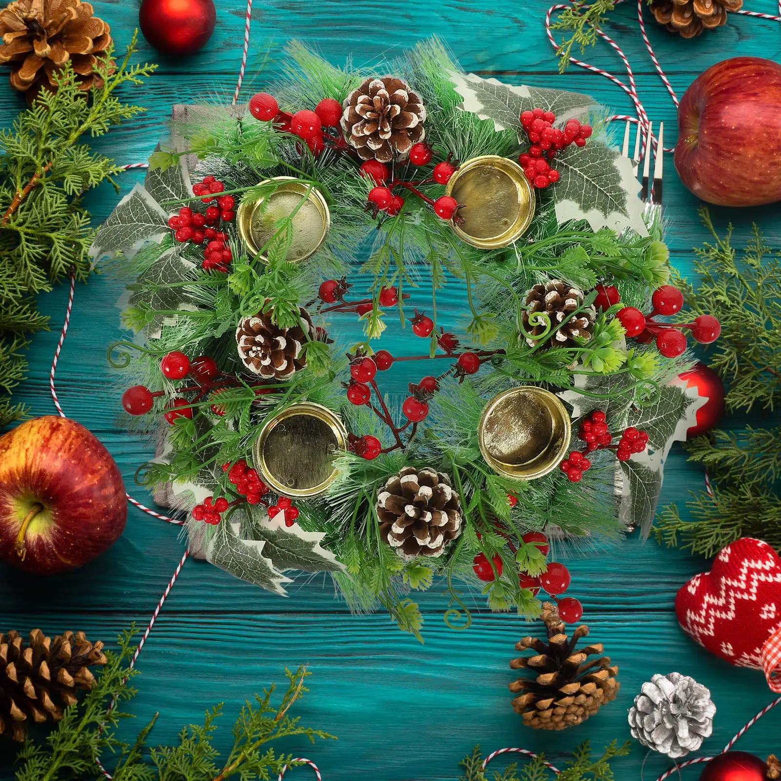 

Christmas Ring Xmas Pillar Decor Mini Christmas Wreath Home Ornament Simulated Pine Needle Design Wedding Party