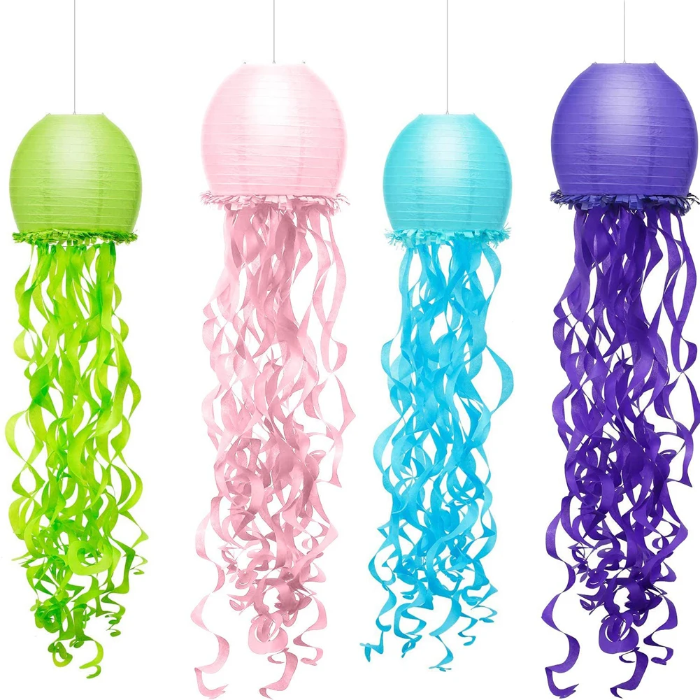 

4-Pack Jellyfish Paper Lanterns 12-Inch round Lampions in Blue Pink Purple Green for Baby Girl's Nursery Bedroom Ocean Themed