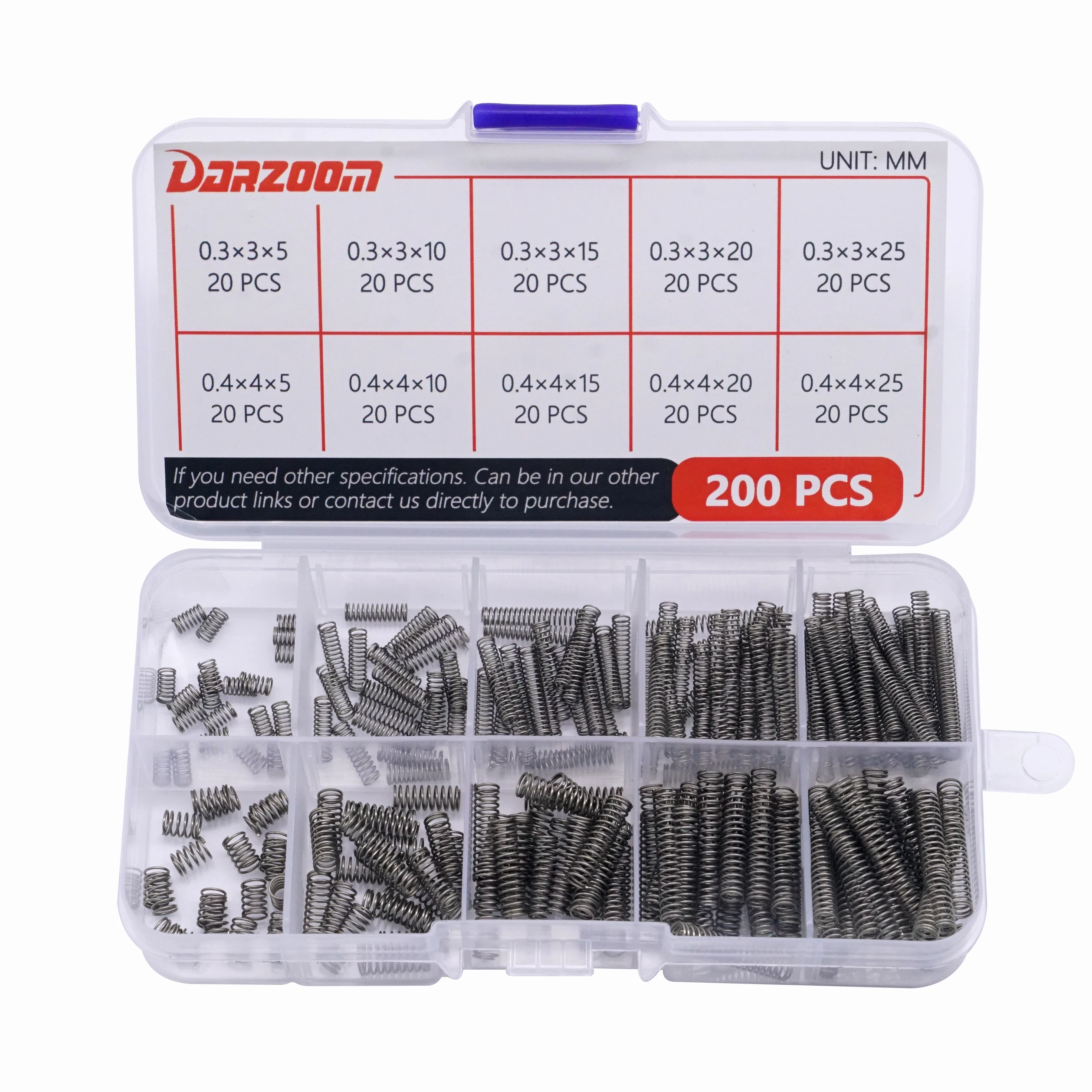 200pcs 10 Sizes 0.3/0.4mm Compression Springs Assortment Kit, Mini Stainless Steel Springs for Repairs, 5 to 25mm Length