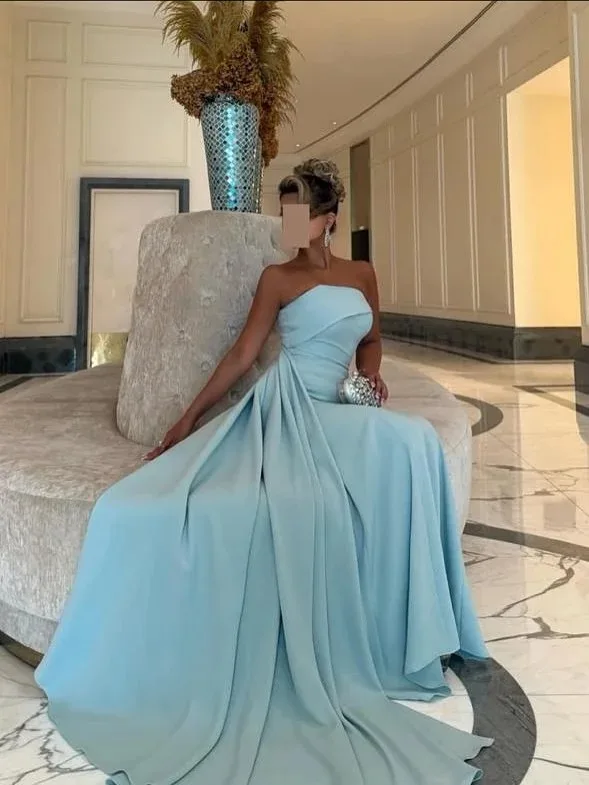

Customized Elegant Strapless Prom Gown Women's Blue Pleated Wedding Party Evening Dress Floor-length Formal Occasion Dresses