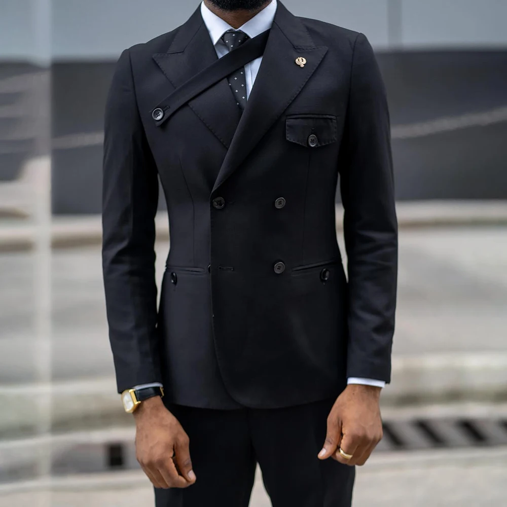 

Высококачественные черные костюмы для мужчин, модные двубортные костюмы с острым лацканом, приталенная куртка, брюки, умная повседневная одежда, костюм