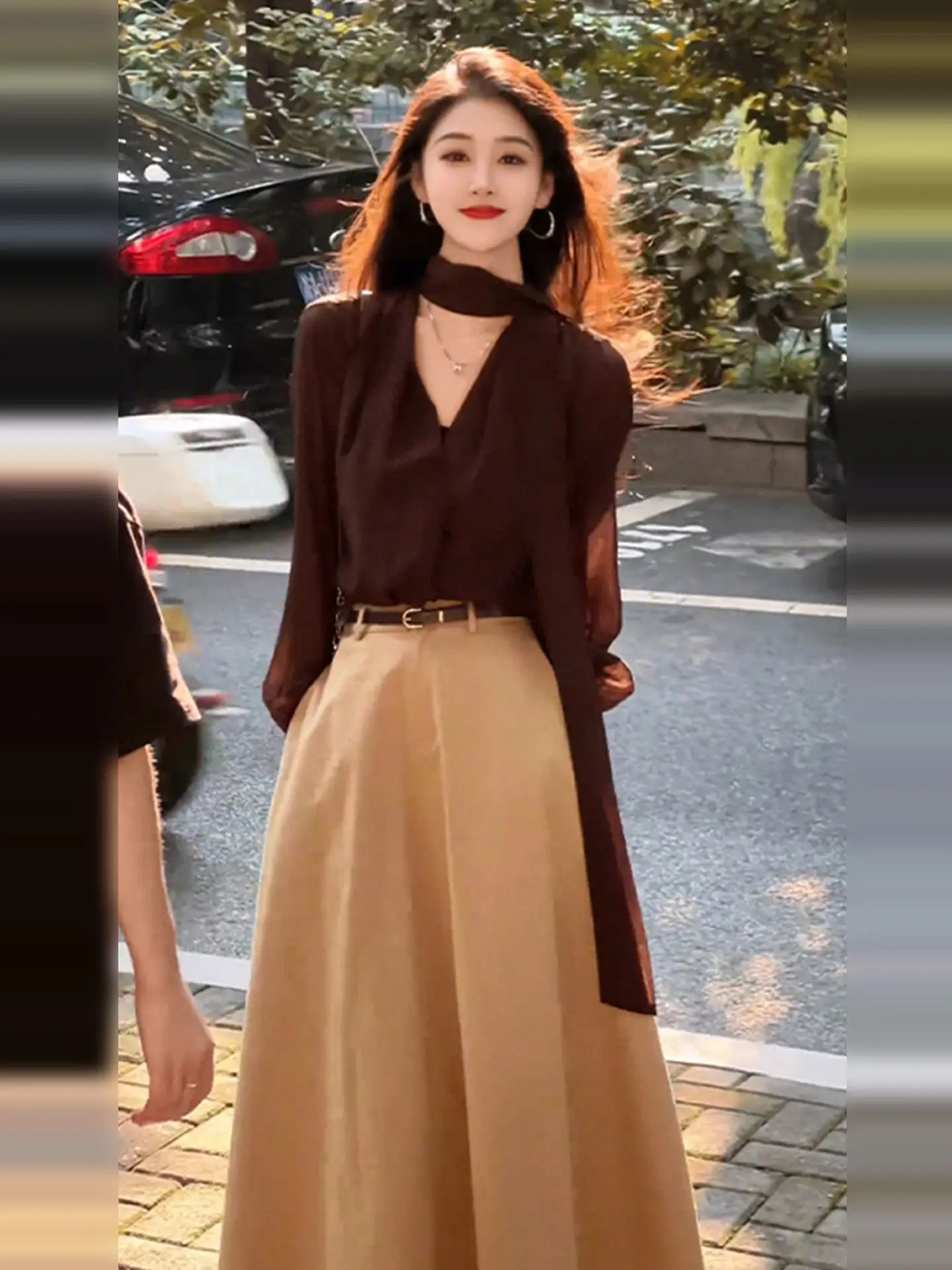 

Korean Style V-Neck Long Sleeve Women's Chiffon Shirt Spring Autumn Fashionable Inner Wear Casual Loose Fit Non-Stretch