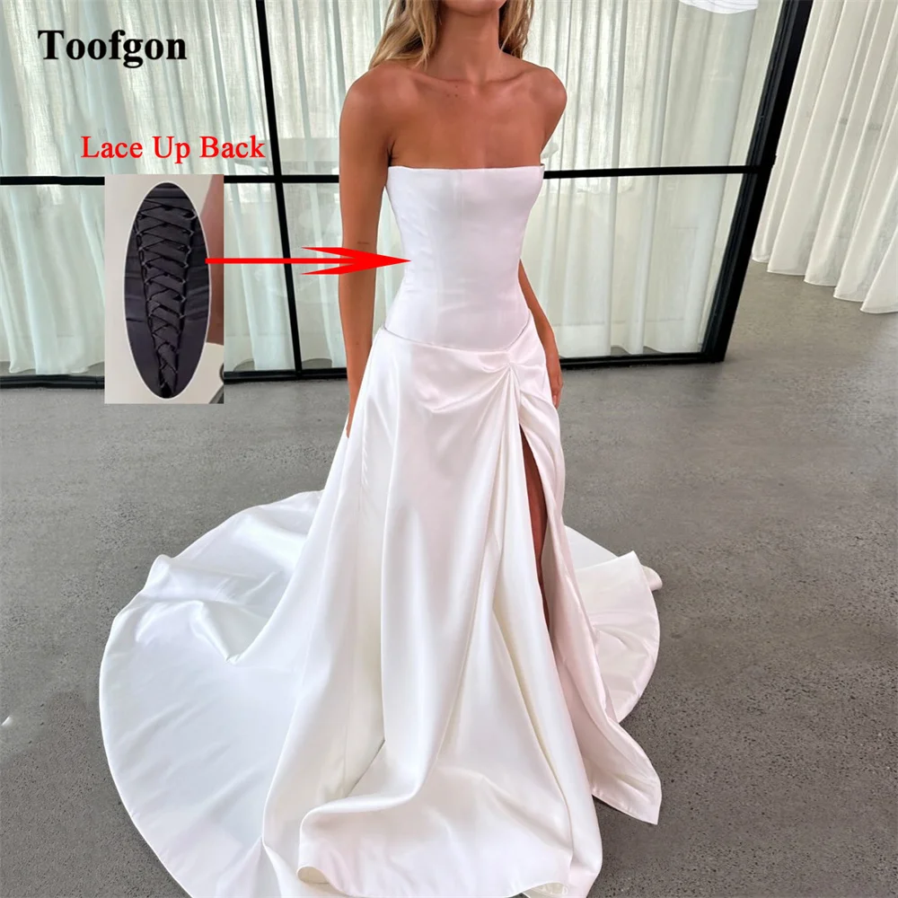 Toofgon Satin Customized Bride Wedding Dresses Strapless Wedding Photography Bridal Gowns Slit Formal Occasion Party Prom Dress